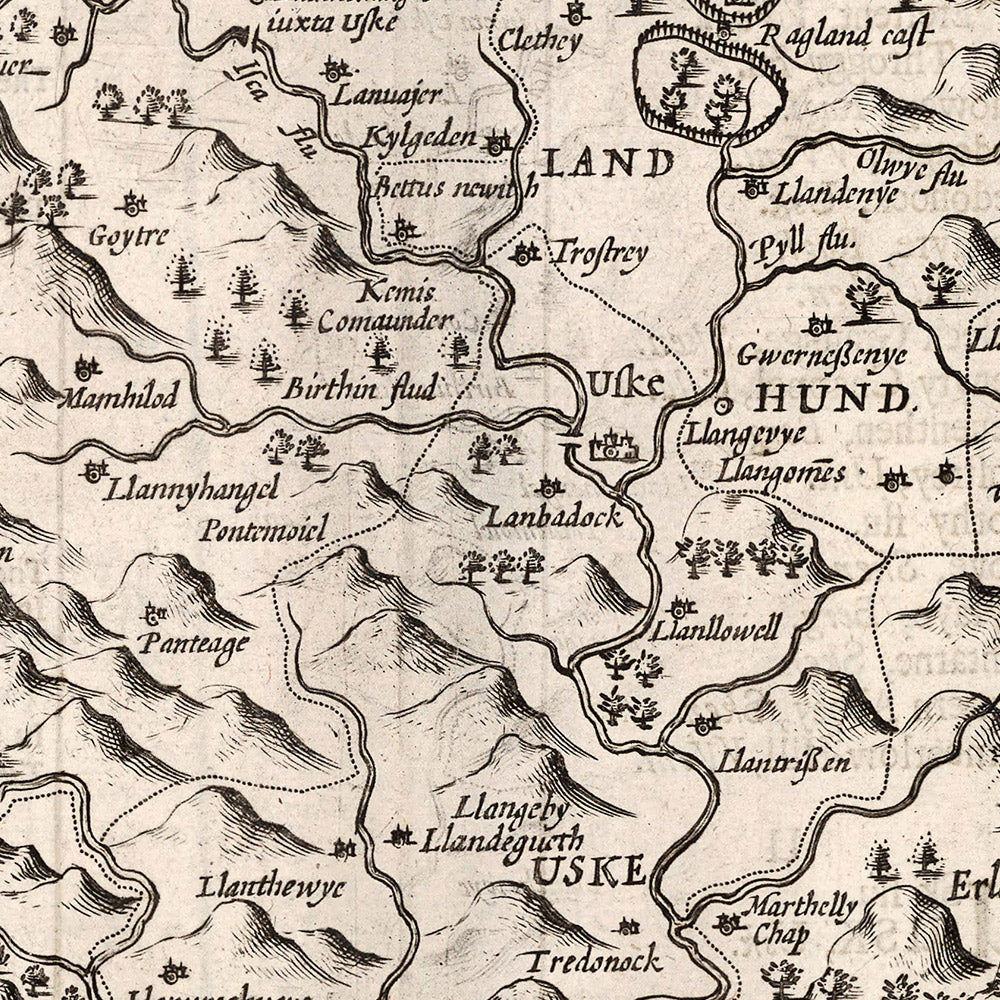 Old Map of Monmouthshire by Speed, 1610: Monmouth, Abergavenny, Chepstow, Newport, Usk