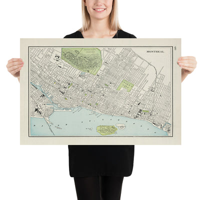 Mapa antiguo de Montreal por Cram, 1901: Parque y cementerio Mount Royal, río San Lorenzo, Viejo Montreal, Universidad McGill, Parque Lafontaine