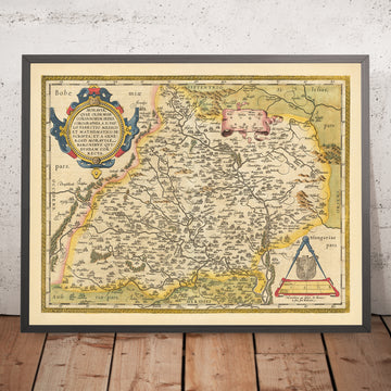 Mappa antica della Moravia, Repubblica Ceca di Ortelius, 1608: Brno, Olomouc, Fiumi, Montagne, Città Fortificate 