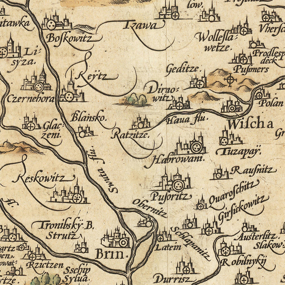 Old Map of Moravia, Czechia by Ortelius, 1608: Brno, Olomouc, Rivers, Mountains, Fortified Cities