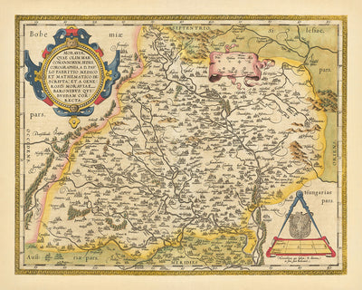 Old Map of Moravia, Czechia by Ortelius, 1608: Brno, Olomouc, Rivers, Mountains, Fortified Cities