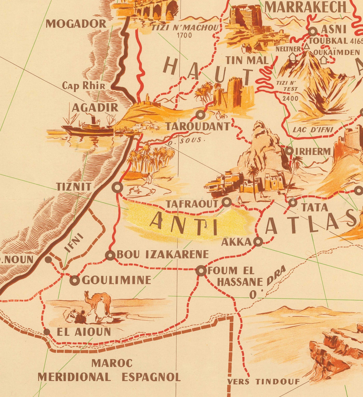 Old Map of Morocco by Theophile-Jean Delaye in 1950 - Casablanca, Rabat, Fes, Marrakesh, Tangier