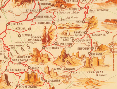 Carte ancienne du Maroc par Théophile-Jean Delaye en 1950 - Casablanca, Rabat, Fès, Marrakech, Tanger