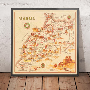 Carte ancienne du Maroc par Théophile-Jean Delaye en 1950 - Casablanca, Rabat, Fès, Marrakech, Tanger