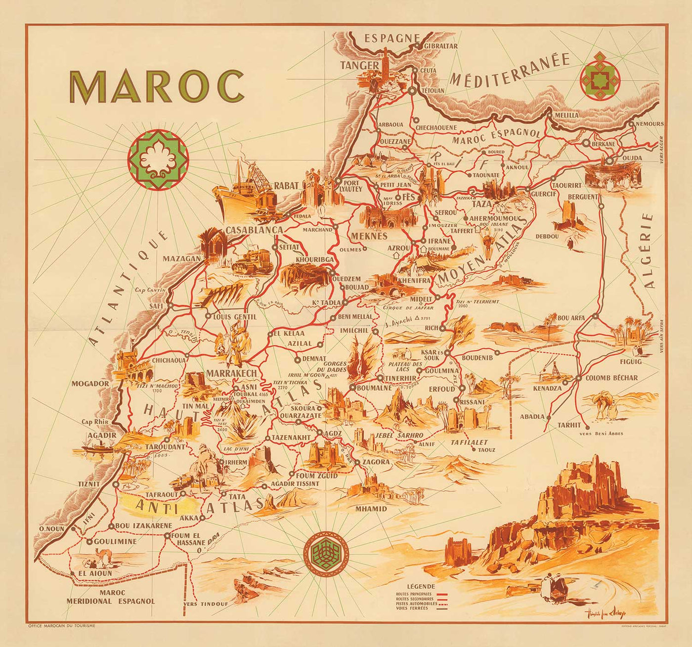Carte ancienne du Maroc par Théophile-Jean Delaye en 1950 - Casablanca, Rabat, Fès, Marrakech, Tanger