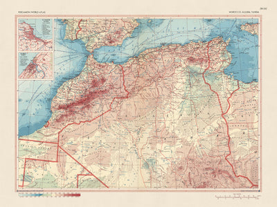 Mapa antiguo del noroeste de África realizado por el Servicio de Topografía del Ejército Polaco, 1967: Desierto del Sahara, Sahara Occidental, El Djezair (Argel), Er Ribat (Rabat), representación política y física detallada