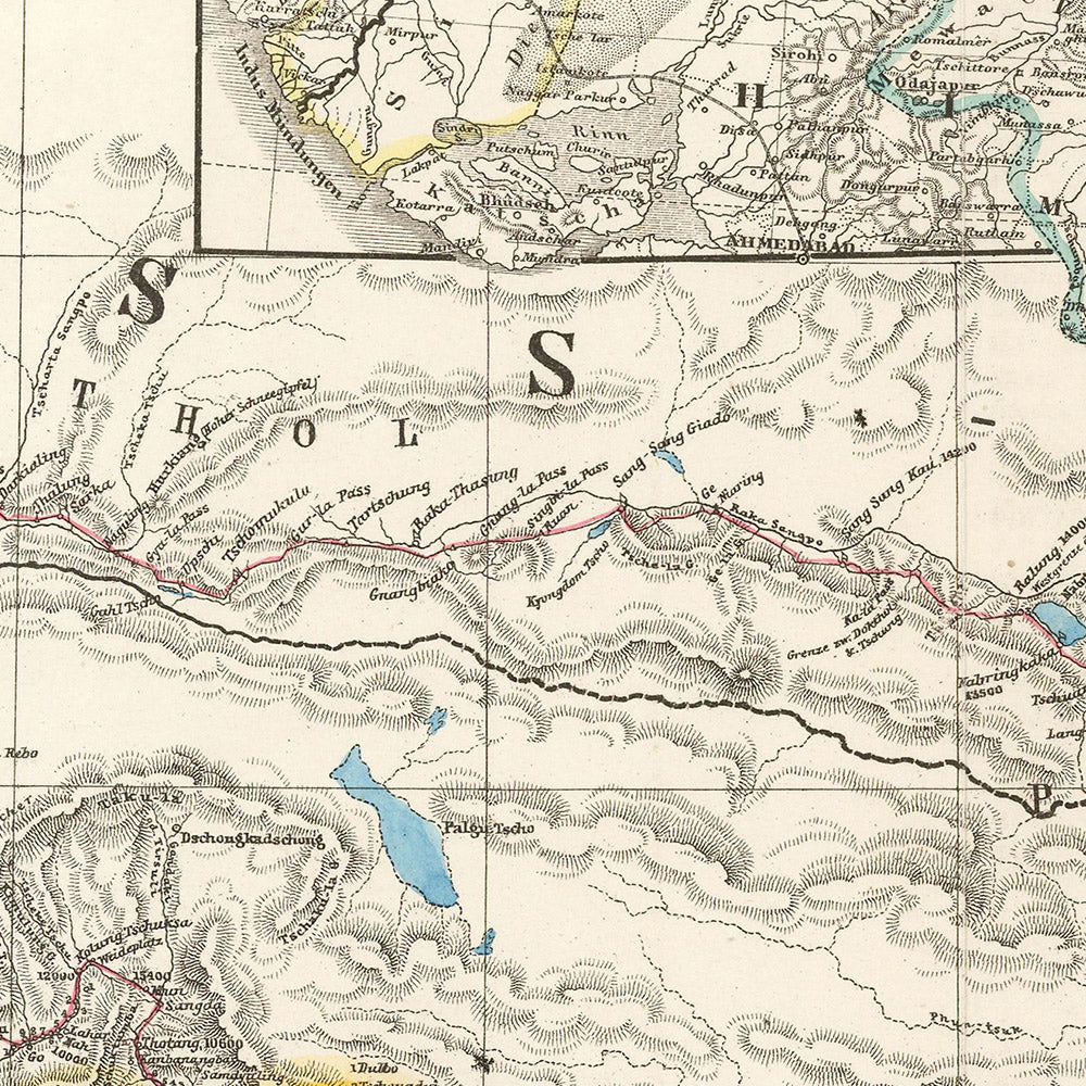 Ancienne carte de l'Himalaya par Petermann, 1868 : Everest, K2, Sikkim, Bhoutan, Tibet