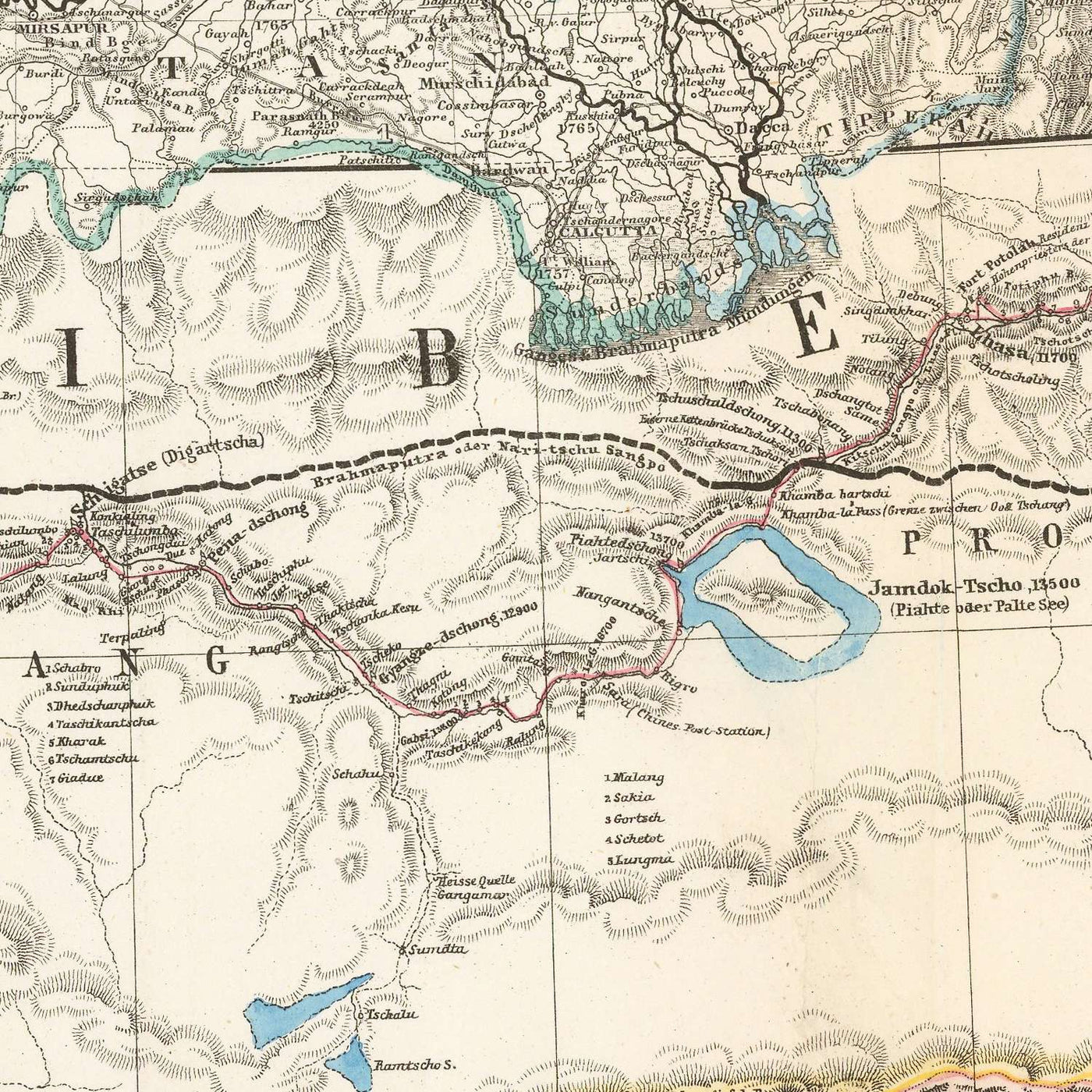 Ancienne carte de l'Himalaya par Petermann, 1868 : Everest, K2, Sikkim, Bhoutan, Tibet