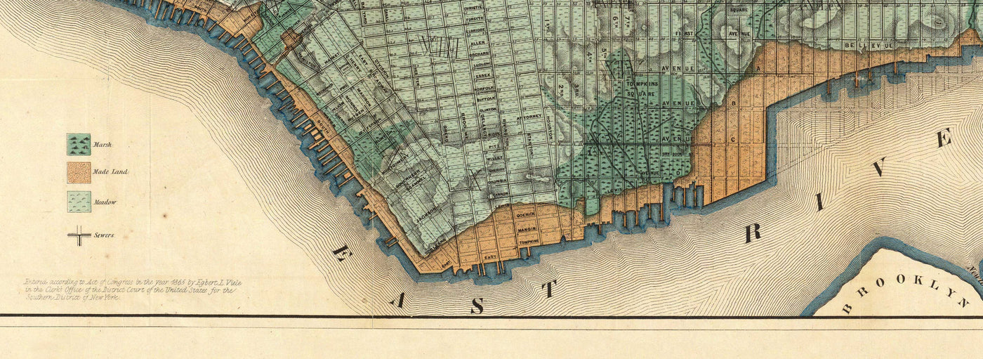 Alte Karte der Abwasserkanäle und Wasserstraßen Manhattans im Jahr 1865 von Ferdinand Mayer & Co - Hudson River, East River, Blackwells Island, NYC, Central Park