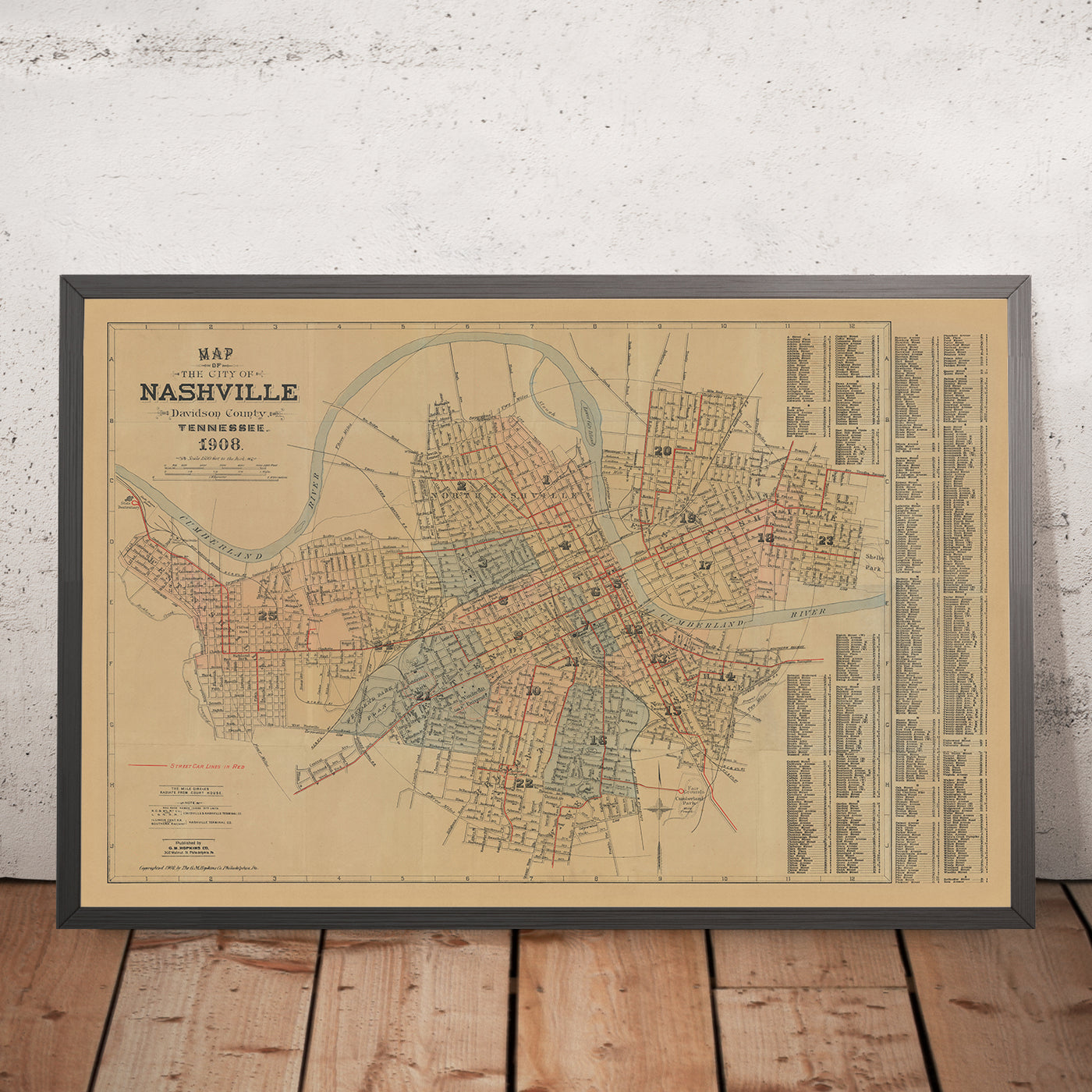 Mapa antiguo de Nashville por Hopkins, 1908: Río Cumberland, Capitolio del Estado, Vanderbilt, Centennial Park, Auditorio Ryman