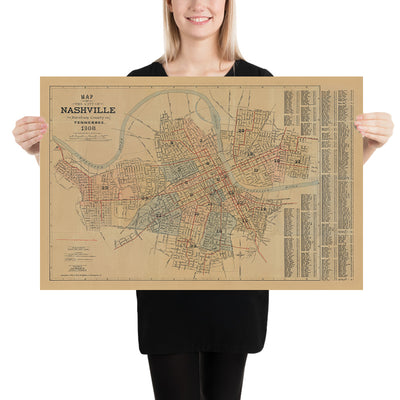 Alte Karte von Nashville von Hopkins, 1908: Cumberland River, State Capitol, Vanderbilt, Centennial Park, Ryman Auditorium