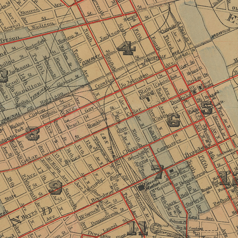 Mapa antiguo de Nashville por Hopkins, 1908: Río Cumberland, Capitolio del Estado, Vanderbilt, Centennial Park, Auditorio Ryman