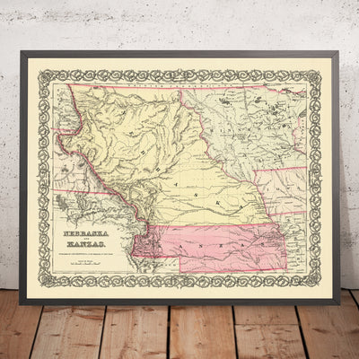 Mapa antiguo de Nebraska y Kansas por Colton, 1856: Omaha, Bellevue, Nebraska City, Leavenworth, Lawrence