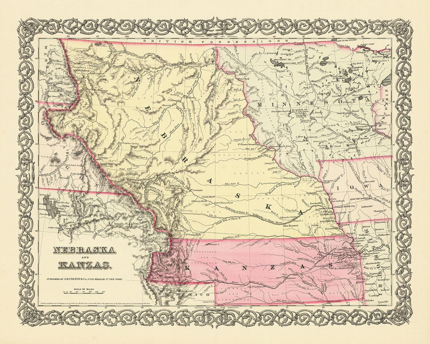 Ancienne carte du Nebraska et du Kansas par Colton, 1856 : Omaha, Bellevue, Nebraska City, Leavenworth, Lawrence