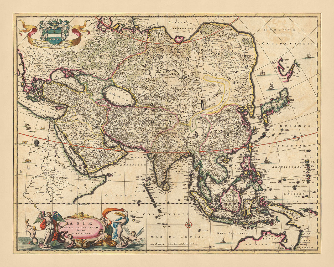 Old Map of Asia by Visscher, 1690: Middle East, East Asia, Central Asia, South Asia, Southeast Asia