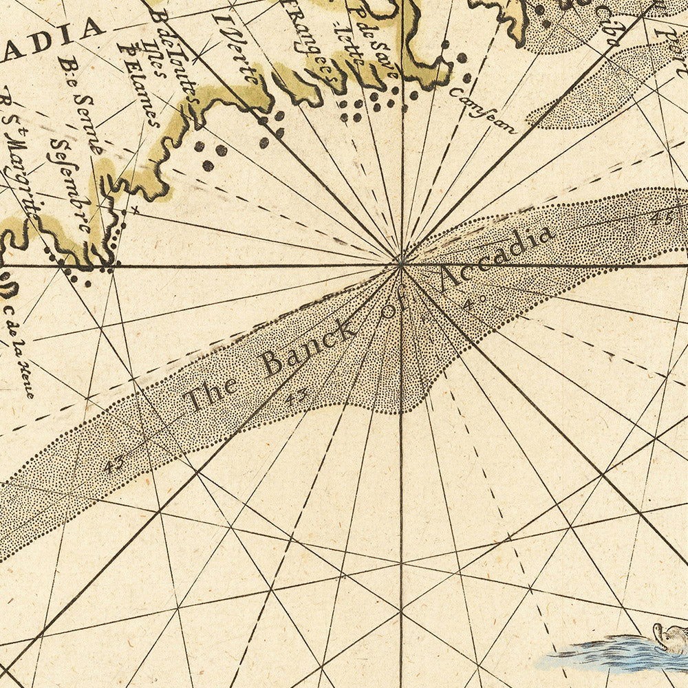 Ancienne carte du littoral nord-américain par le vendeur, 1674 : Terre-Neuve, Cape Cod, péninsule d'Avalon, commerce des fourrures de la Compagnie de la Baie d'Hudson, Traité de Westminster.