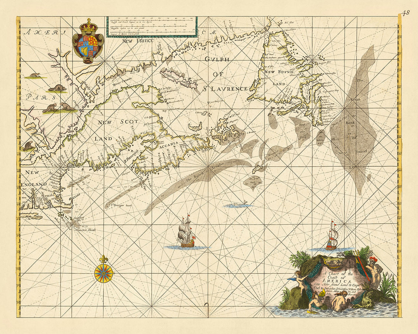 Ancienne carte du littoral nord-américain par le vendeur, 1674 : Terre-Neuve, Cape Cod, péninsule d'Avalon, commerce des fourrures de la Compagnie de la Baie d'Hudson, Traité de Westminster.