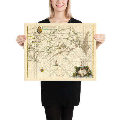 Mapa antiguo de la costa de América del Norte realizado por el vendedor, 1674: Terranova, Cabo Cod, Península de Avalon, Comercio de pieles de la Compañía de la Bahía de Hudson, Tratado de Westminster.