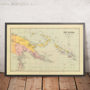 Mappa antica della Papua Nuova Guinea e delle Isole Salomone di Stanford, 1901: Port Moresby, Mare di Corallo, Mare delle Salomone, Nuova Britannia, Stretto di Torres 