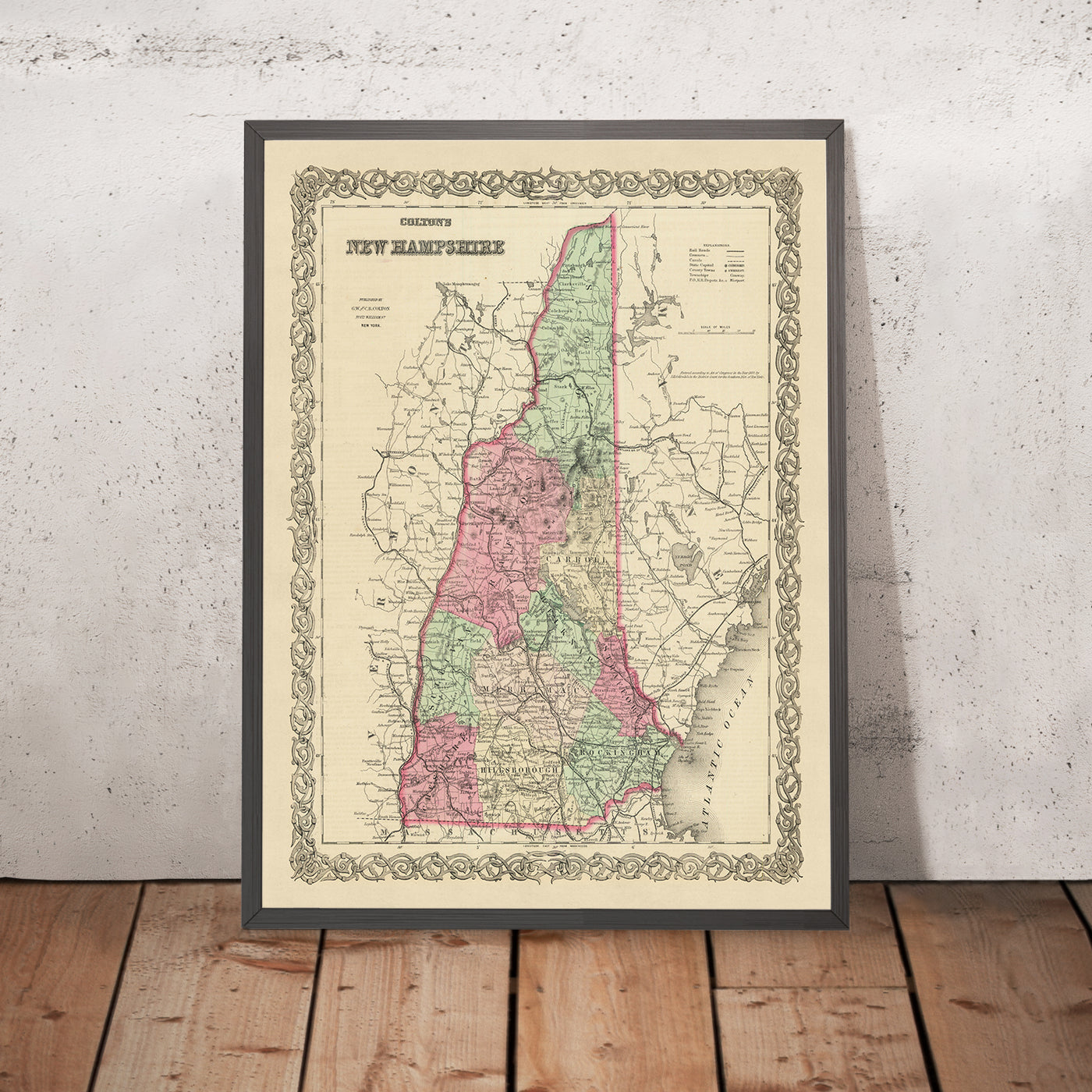 Mapa antiguo de New Hampshire por JH Colton, 1855: Concord, Portsmouth, Dover, Nashua y Manchester