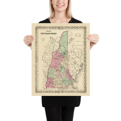 Alte Karte von New Hampshire von JH Colton, 1855: Concord, Portsmouth, Dover, Nashua und Manchester