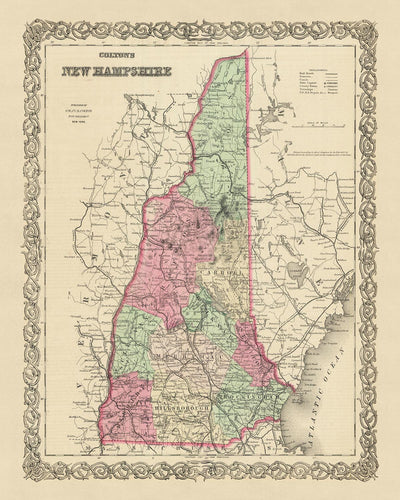 Old Map of New Hampshire by J.H. Colton, 1855: Concord, Portsmouth, Dover, Nashua, and Manchester