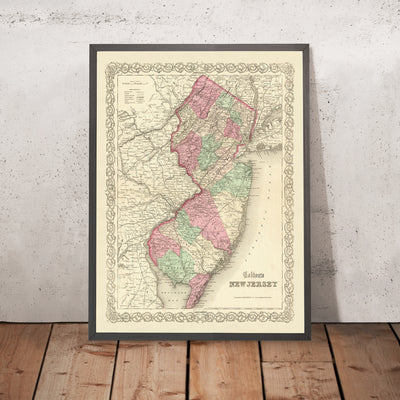 Ancienne carte du New Jersey par JH Colton, 1855 : Newark, Jersey City, Paterson, Trenton et Camden