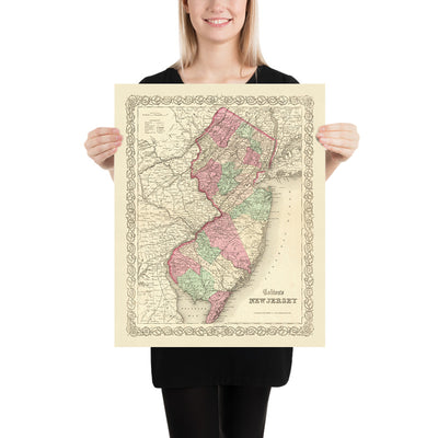 Alte Karte von New Jersey von JH Colton, 1855: Newark, Jersey City, Paterson, Trenton und Camden