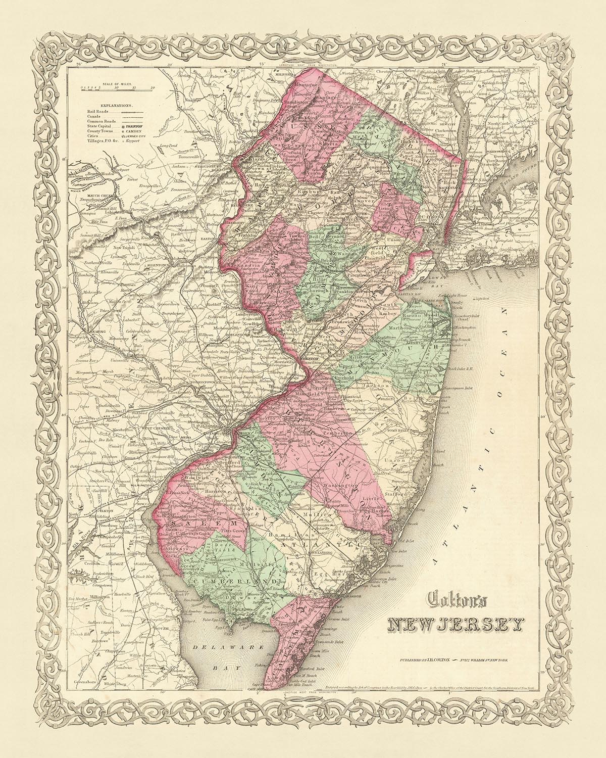 Alte Karte von New Jersey von JH Colton, 1855: Newark, Jersey City, Paterson, Trenton und Camden