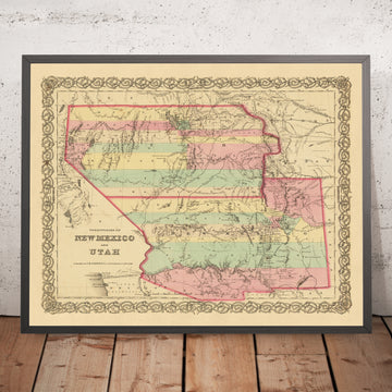 Old map of New Mexico & Utah by J.H. Colton, 1856: Santa Fe, Albuquerque, Provo, Salt Lake City, St. George