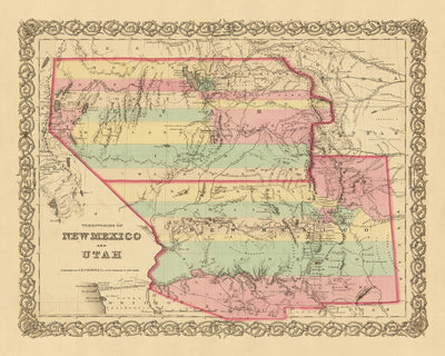 Old map of New Mexico & Utah by J.H. Colton, 1856: Santa Fe, Albuquerque, Provo, Salt Lake City, St. George