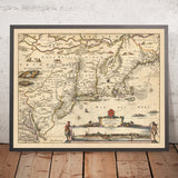 Mapa antiguo de Nueva Holanda, Nueva Inglaterra y parte de Virginia por Visscher, 1690: Nueva York, Nueva Ámsterdam, asentamientos indios