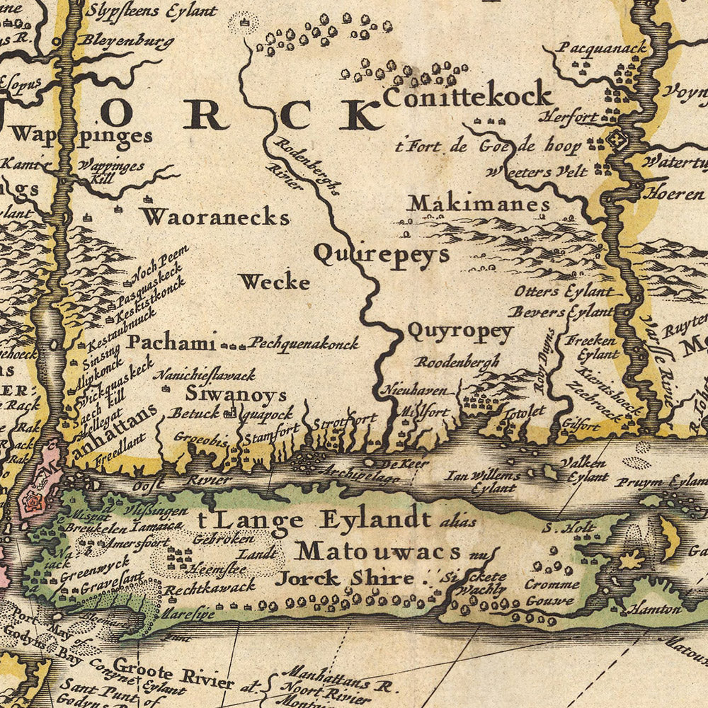 Old Map of New Netherland, New England and Part of Virginia by Visscher, 1690: New York, New Amsterdam, Indian Settlements