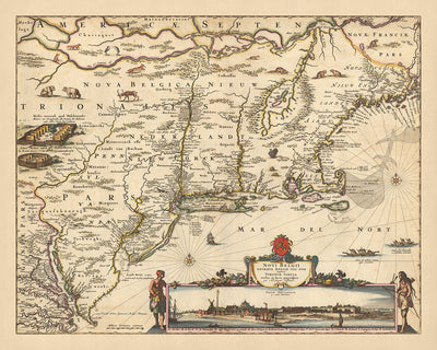 Mapa antiguo de Nueva Holanda, Nueva Inglaterra y parte de Virginia por Visscher, 1690: Nueva York, Nueva Ámsterdam, asentamientos indios