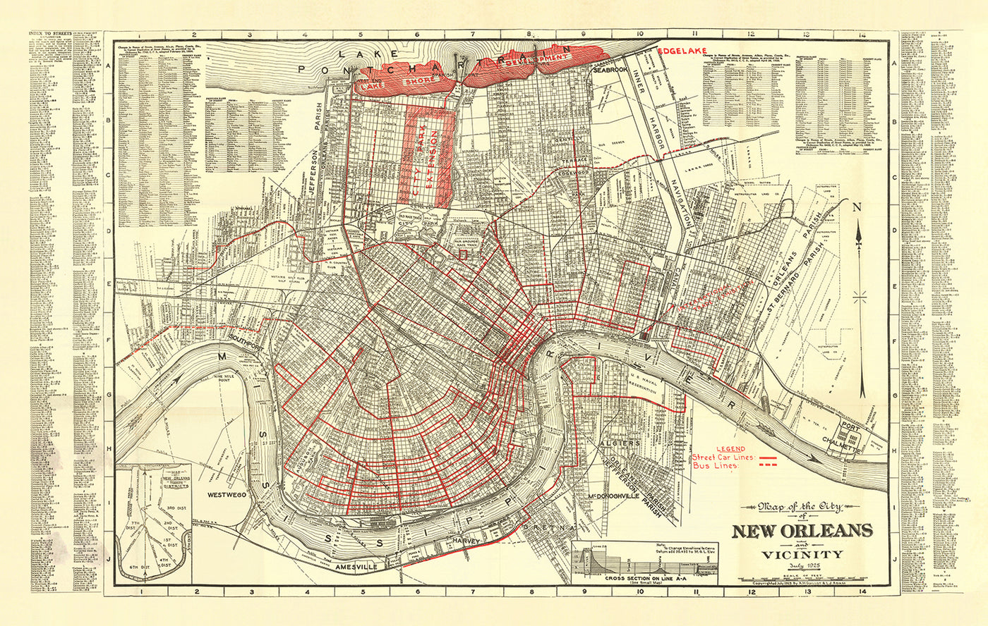 Alte Karte von New Orleans von Guilot & Adam, 1925: French Quarter, Treme, Algier, Metairie und City Park