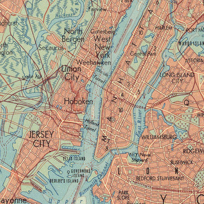 Mapa antiguo de la ciudad de Nueva York realizado por el Servicio de Topografía del Ejército Polaco, 1967: Manhattan, Brooklyn, El Bronx, Newark, Jersey City