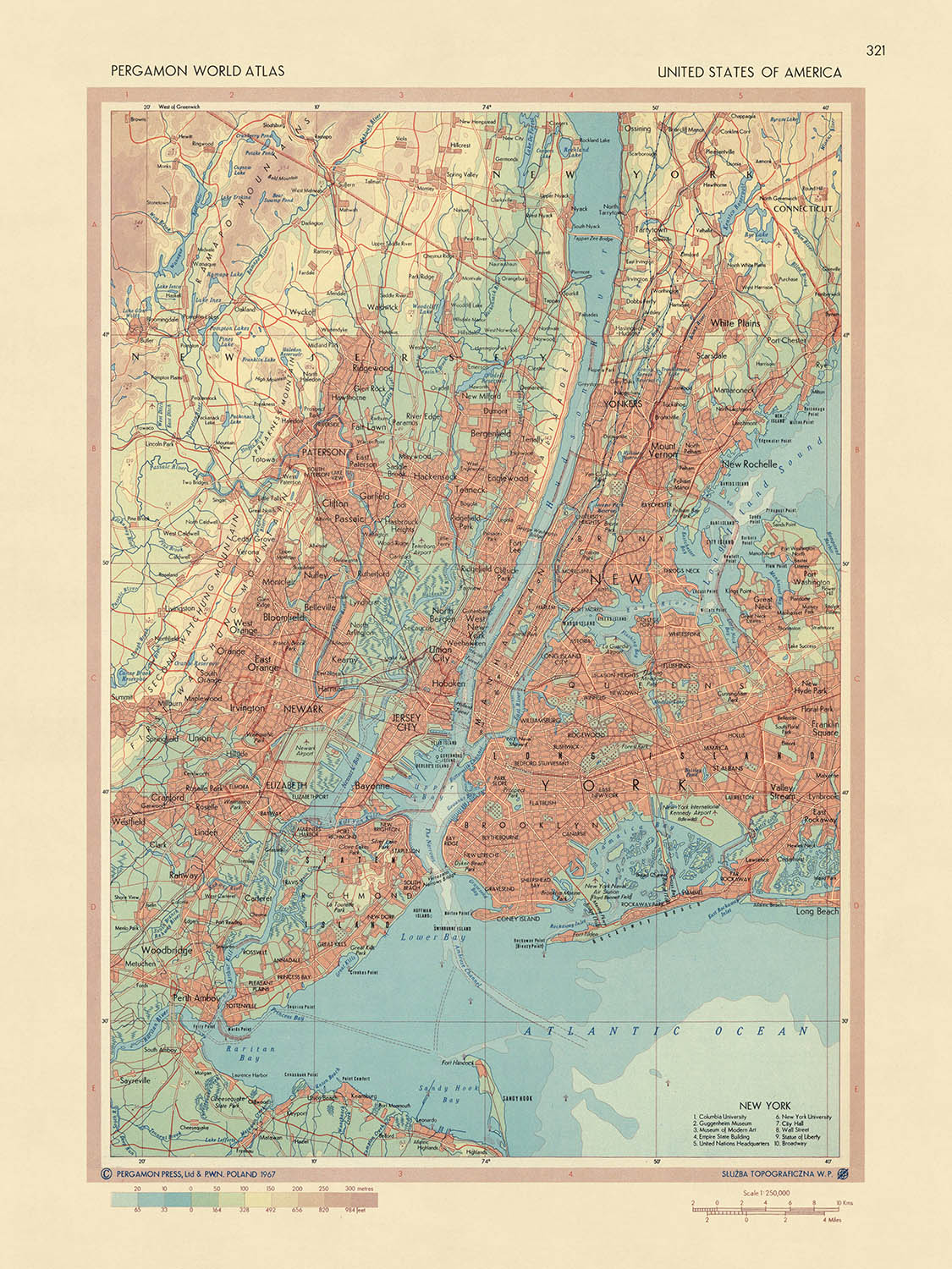 Mapa antiguo de la ciudad de Nueva York realizado por el Servicio de Topografía del Ejército Polaco, 1967: Manhattan, Brooklyn, El Bronx, Newark, Jersey City
