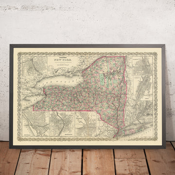 Old Map of New York by J.H. Colton, 1874: New York City, Buffalo, Rochester, Albany, Syracuse