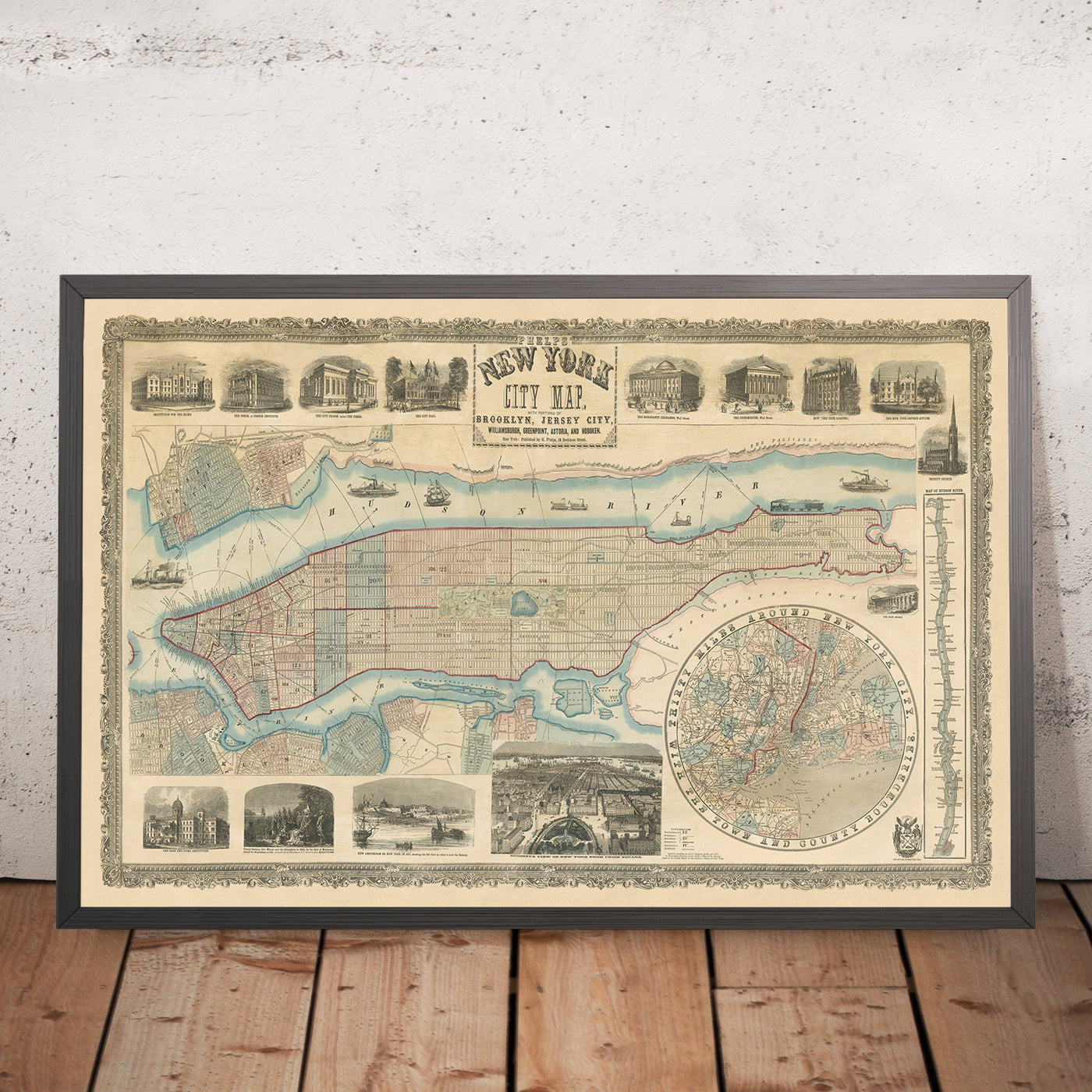 Rare Old Large Map of New York City by Phelps, 1857: Central Park, Hudson River, Old Illustrations