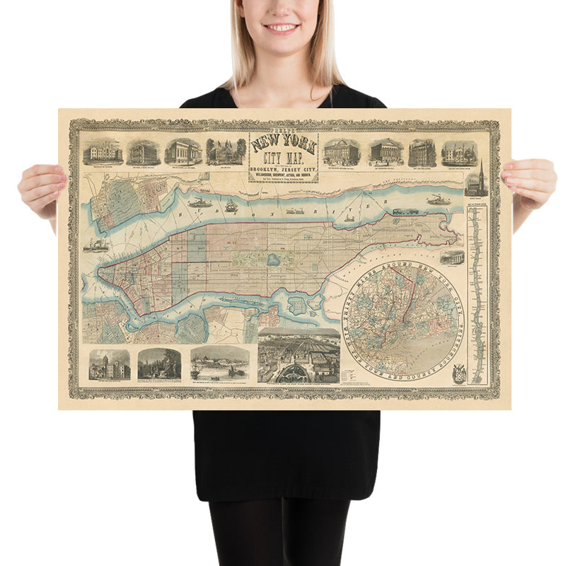 Rare Old Large Map of New York City by Phelps, 1857: Central Park, Hudson River, Old Illustrations