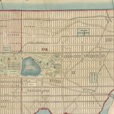 Alte Karte von New York City von Phelps, 1857: Central Park, The Battery, Ellis Island, Hudson River, Central Park Creation
