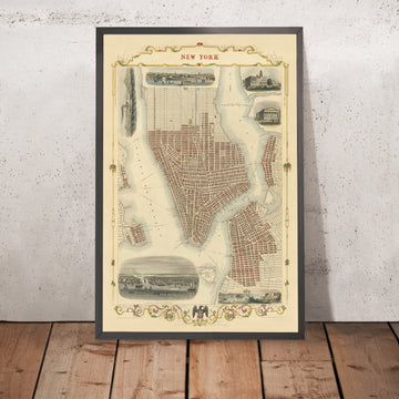 Ancienne carte de New York par Tallis & Rapkin, 1851 : Manhattan, Brooklyn, Williamsburgh, Hôtel de Ville, Douane 