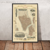 Ancienne carte de New York par Tallis & Rapkin, 1851 : Manhattan, Brooklyn, Williamsburgh, Hôtel de Ville, Douane 