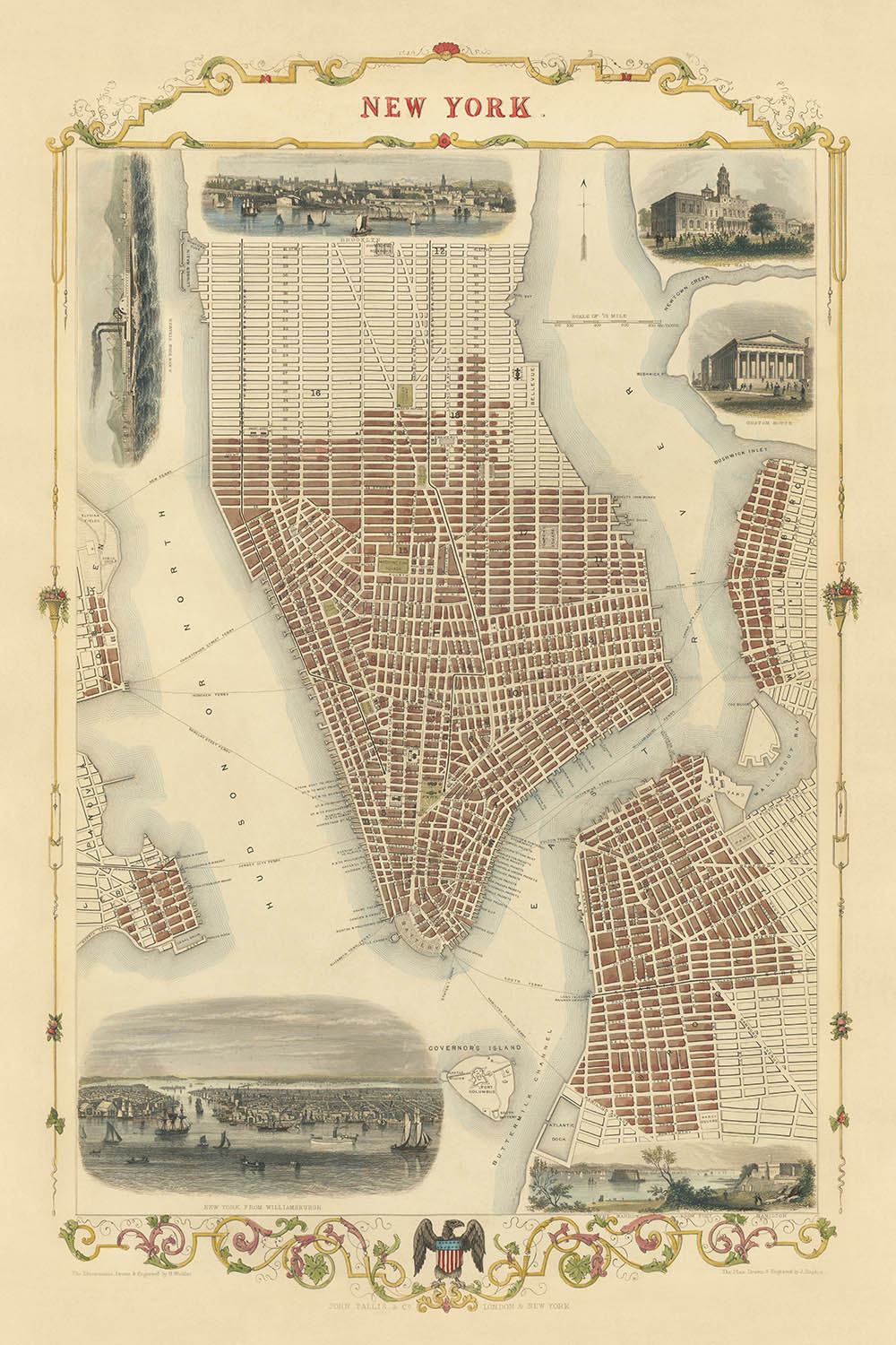 Old Map of New York City by Tallis & Rapkin, 1851: Manhattan, Brooklyn, Williamsburgh, City Hall, Custom's House
