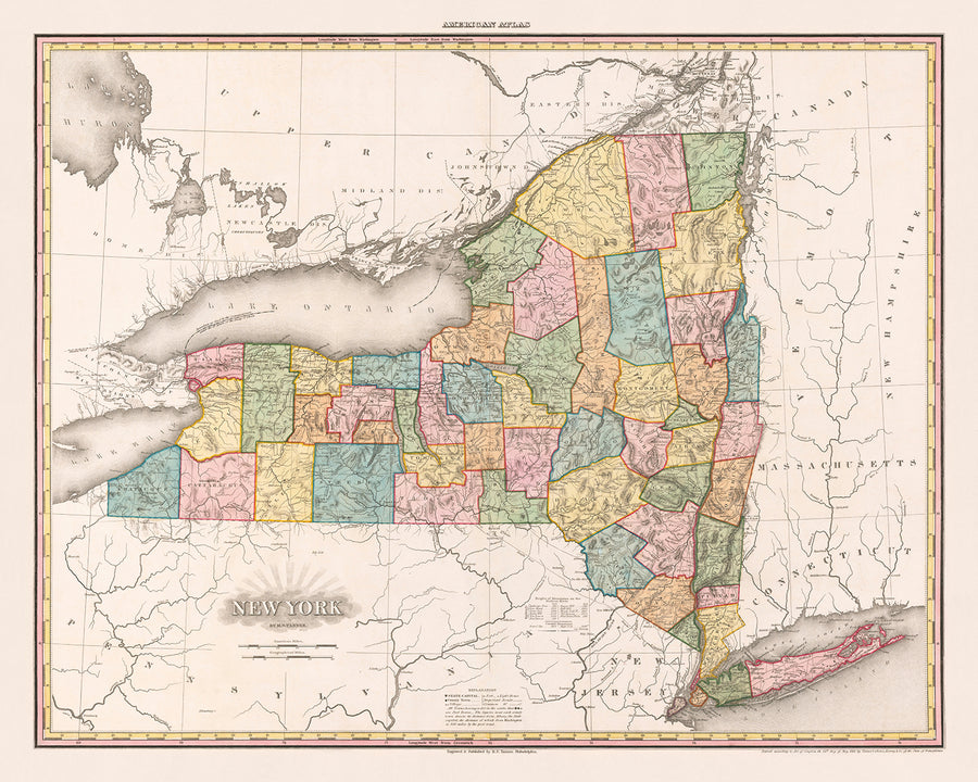 Mappa antica dello Stato di New York di Tanner, 1819: New York City, Albany, West Point, Plattsburgh e Lago Champlain 