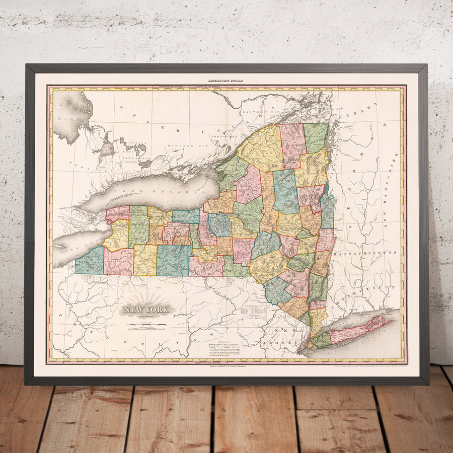Mappa antica dello Stato di New York di Tanner, 1819: New York City, Albany, West Point, Plattsburgh e Lago Champlain 