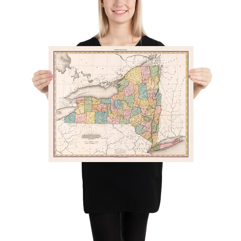 Mappa antica dello Stato di New York di Tanner, 1819: New York City, Albany, West Point, Plattsburgh e Lago Champlain 