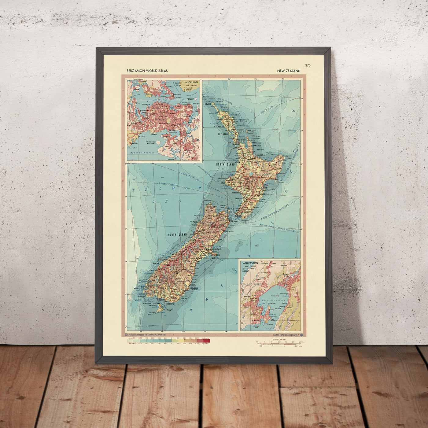 Alte Karte von Neuseeland, 1967: Auckland, Wellington, Nordinsel, Südinsel, Cookstraße