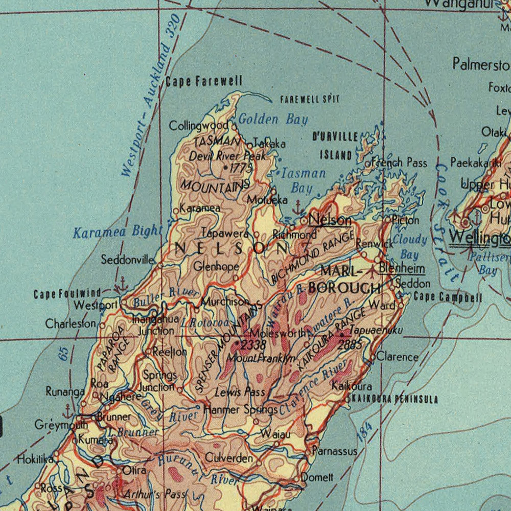 Ancienne carte de la Nouvelle-Zélande, 1967 : Auckland, Wellington, Île du Nord, Île du Sud, Détroit de Cook