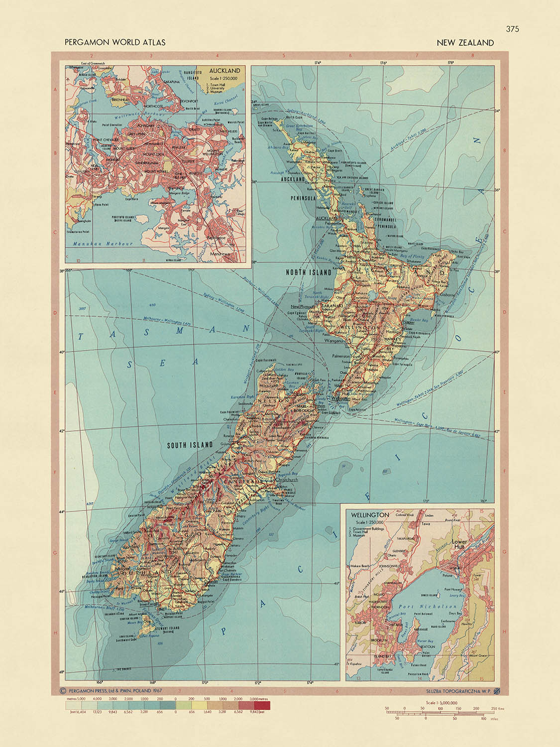 Alte Karte von Neuseeland, 1967: Auckland, Wellington, Nordinsel, Südinsel, Cookstraße